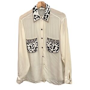 Le Garage Beaded Collar Leopard Print Sheer Cream Button Up Shirt Blouse Top